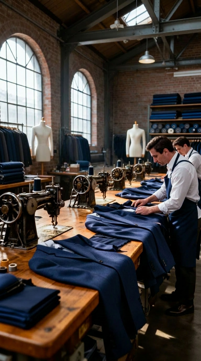 Folded crisp white shirts with thread spool and brass scissors on a walnut tailor's table